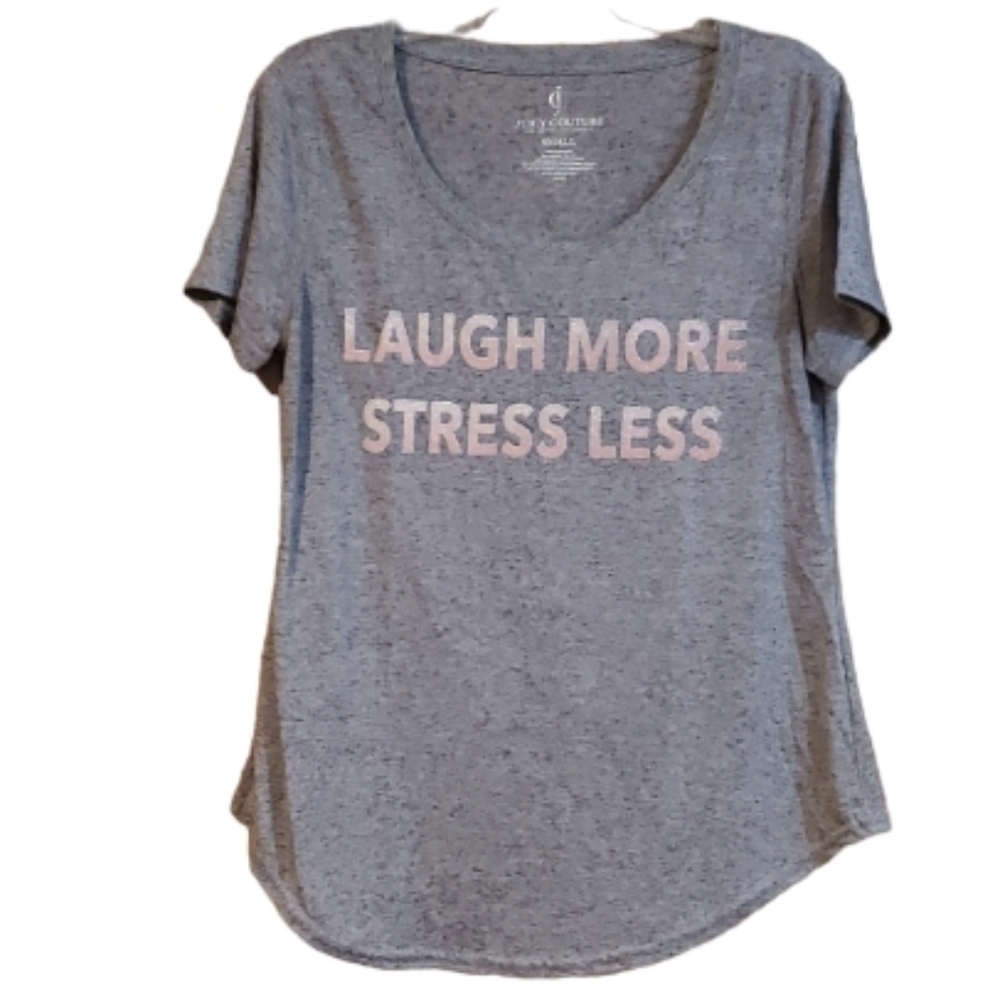 Juicy Couture Womans Heathered Grey Short Sleeve Laugh More Stress Less‎ Shirt